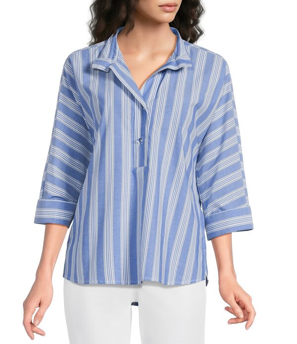 アリ マイルス レディース トップス シャツ Ali Miles Woven Yarn Dye Stripe Wire Collar 3/4 Dolman Sleeve Tunic Blue Stripe ブルー 16,316円