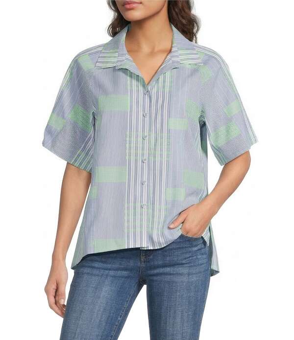 アリ マイルス レディース トップス シャツ プリント Ali Miles Woven Yarn-Dyed Stripe Clippedetail Print Point Collar Elbow Length Button-Front Shirt Blue ブルー