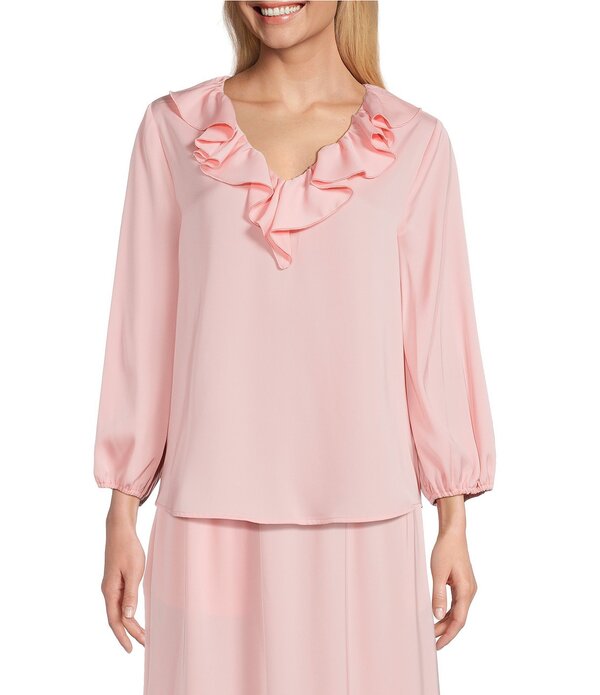 インベストメンツ レディース トップス シャツ Vネック フリル ブラウス Investments 3/4 Sleeve Ruffle V-Neck Coordinating Blouse Blossom