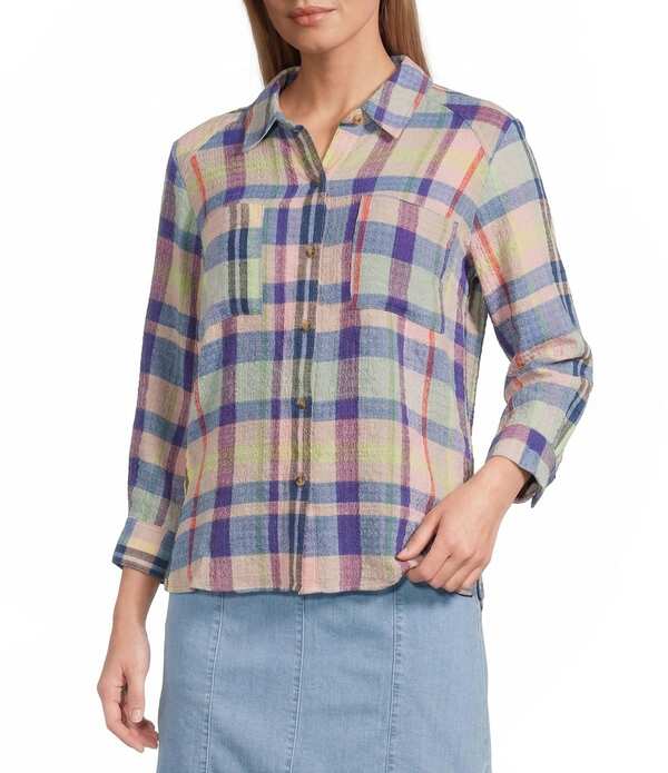 イントロ レディース トップス シャツ Intro Pucker Plaid Multi Color Point Collar 3/4 Roll-Tab Sleeve Button-Front Shirt Phlox マルチカラー