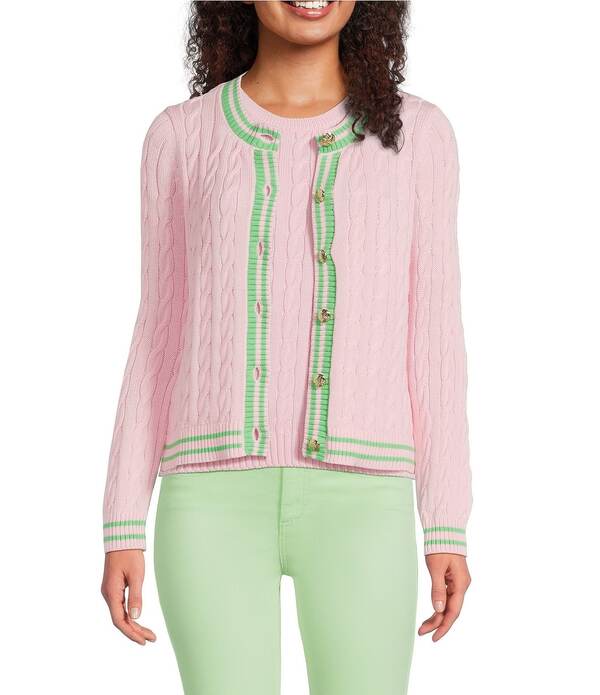 リリーピュリッツァー レディース アウター ニット・セーター クルーネック カーディガン Lilly Pulitzer Brockton Cable Knit Crew Neck Long Sleeve Stripe Trim Cardigan Conch Shell Pink ピンク