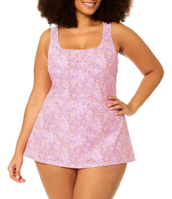 ライジンズ レディース トップス 衣装 つけ加える大きさ Raisins Curve Plusize Triana Dotted Square Neck Underwire Bra One Piece Swim Dress Magenta マゼンタ