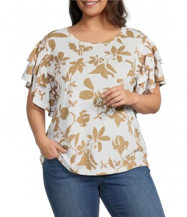 アリ マイルス レディース トップス シャツ プラスサイズ プリント フリル Ali Miles Plusize Allover Leaf Print Round Neck Short Ruffle Sleeve Top Leaf Print