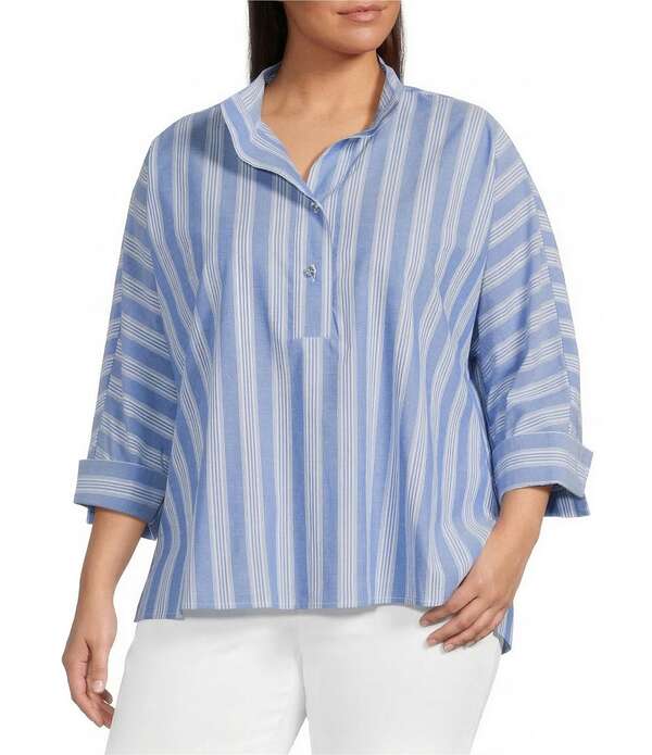 蟻 マイルス レディース トップス カットソー 足し加える大きさ Ali Miles Plusize Yarn Dye Stripe Wire Collar 3/4 Dolman Sleeve Tunic Blue Stripe 青色