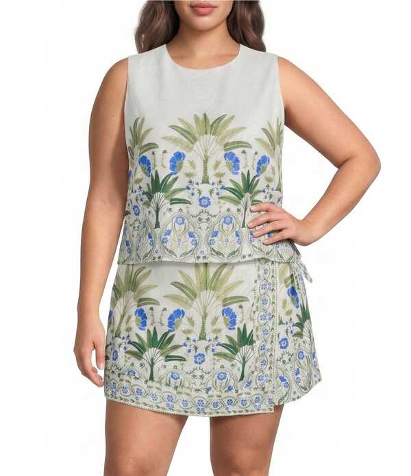 シュガーリップス レディース トップス シャツ フラワー柄 プラスサイズ プリント ノースリーブ リネン フラワー Sugarlips Plusize Senara Floral Print Lisha Round Neck Sleeveless Coordinating Linen Top White/Blue/Green ホワイト