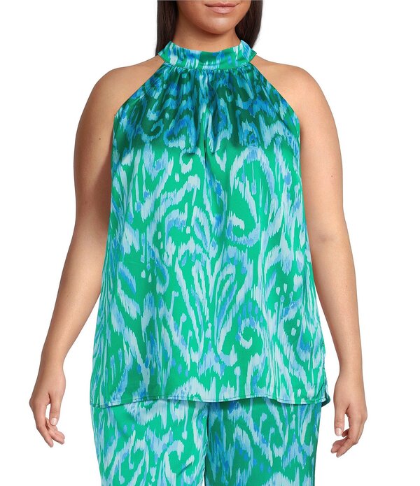 シュガーリップス レディース トップス シャツ プラスサイズ プリント サテン ノースリーブ ホルター Sugarlips Plusize Abstract Nature Printed Halter Neck Sleeveless Coordinating Satin Top Kelly/Cerulean｜ReVida 店