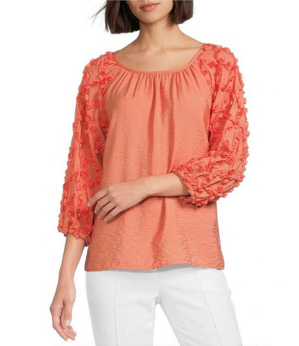 マルチプルズ レディース トップス シャツ Multiples Crinkle Woven Scoop Neck 3/4 Sleeve Soutache Trim Peasantop Cantaloupe