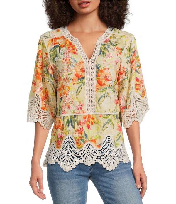 デモクラシー レディース トップス シャツ Vネック フラワー柄 フラワー Democracy Floral V-Neck 3/4 Sleeve Crochet Peplum Top Lemon/Tangerine Multi タンジェリン|ReVida 店