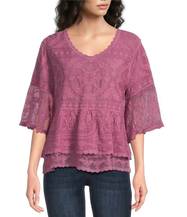 デモクラシー レディース トップス シャツ 刺繍 Democracy Embroidered Scoop Neck 3/4 Bell Sleeve Peplum Top Wild Mulberry