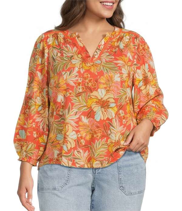 デモクラシー レディース トップス シャツ Vネック フラワー柄 プラスサイズ ニット フラワー Democracy Plusize Floral Knit Mandarin Split V-Neck 3/4 Blouson Sleeve Shirt Deep Coral Multi コーラル