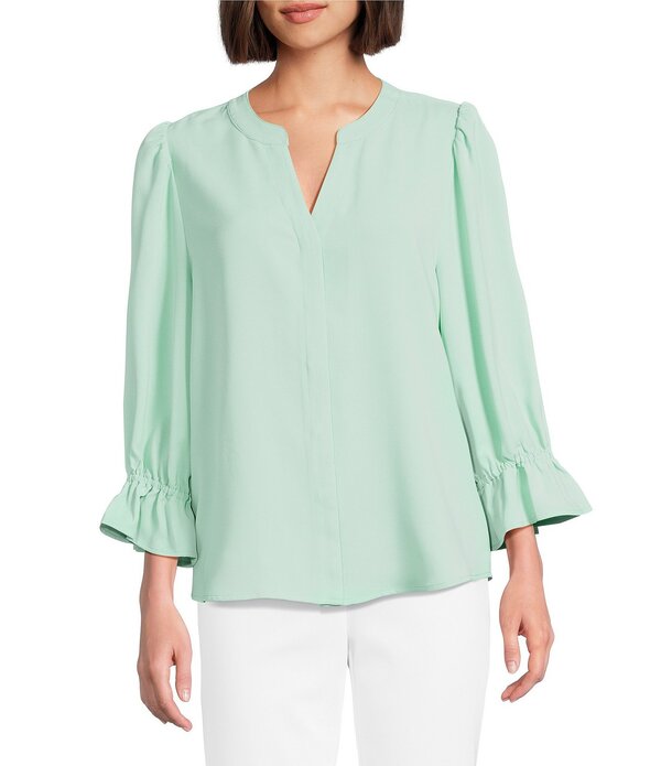インベストメンツ レディース トップス シャツ ボタンダウン ブラウス Investments Julie 3/4 Sleeve Y-Neck Button Down Blouse Grayed Jade