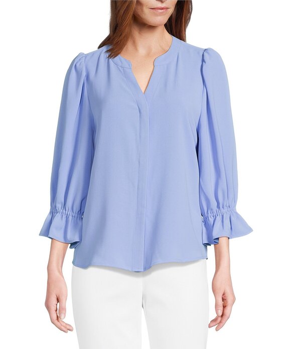 インベストメンツ レディース トップス シャツ ボタンダウン ブラウス Investments Julie 3/4 Sleeve Y-Neck Button Down Blouse Vista Blue ブルー