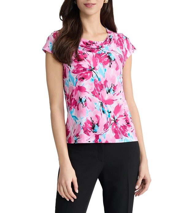カスパール レディース トップス シャツ フラワー柄 プリント キャップ ブラウス ニット ジャージー フラワー Kasper Floral Print Cap Sleeve Cowl Neck Jersey Knit Blouse Lily White Multi ホワイト