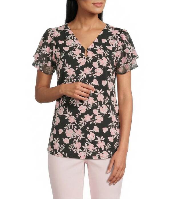 ジョーンズニューヨーク レディース トップス シャツ Vネック フラワー柄 フラワー Jones New York Mixed Media Floral V-Neck Short Double Flutter Sleeve Top Jones Black Multi ブラック