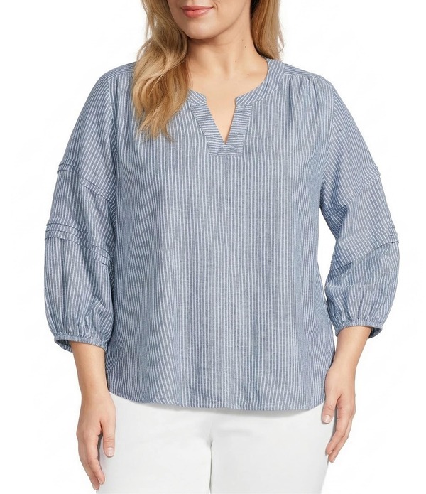 ウエストバウンド レディース トップス シャツ Vネック プラスサイズ プリント Westbound Plusize Stripe Print 3/4 Sleeve V-Neck Top Blue Railroad Stripe ブルー