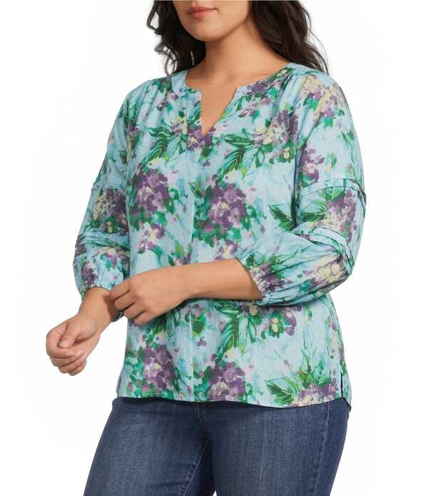 ウエストバウンド レディース トップス シャツ Vネック プラスサイズ リネン Westbound Plusize Bouquet Blossom Linen Blend 3/4 Sleeve V-Neck Top Bouquet Blossom