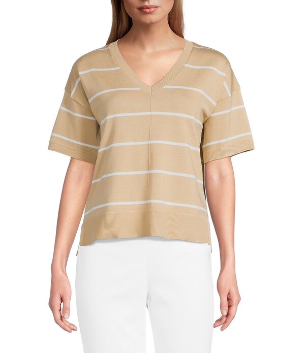 インベストメンツ レディース アウター ニット・セーター Vネック リブ Investmentstriped 3/4 Sleeve V-Neck Ribbed Trim Sweater Pebble/White ホワイト｜ReVida 店 11,455円