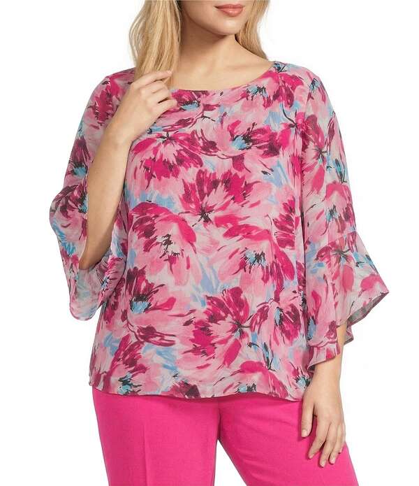 カスパール レディース トップス シャツ フラワー柄 プラスサイズ プリント フリル ブラウス フラワー Kasper Plusize Floral Printed 3/4 Ruffle Sleeve Blouse Lily White Multi ホワイト