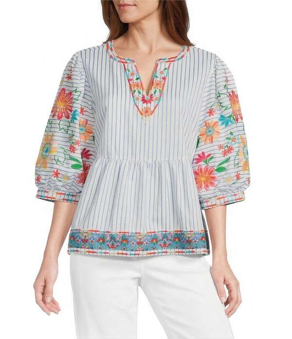 ジョン マーク レディース トップス シャツ Vネック フラワー柄 刺繍 フラワー John Mark Embroidered Floral Stripe Split V-Neck 3/4 Sleeve Top Blue Multi ブルー｜ReVida 店