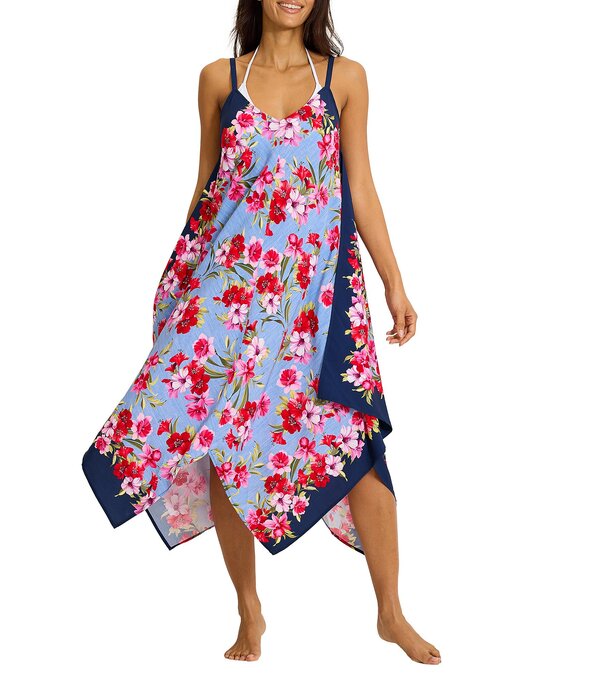 トッミーバハマ レディース トップス 衣裳 Vのど首 お花柄 お花 Tommy Bahama Chambray Beach Floral V-Neck Scarf Dresswim Cover-Up Mare Navy 米国海軍 レディースファッション-ワンピース