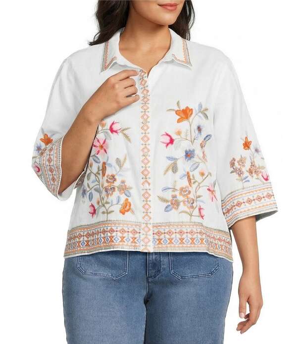 ジョン マーク レディース トップス シャツ フラワー柄 プラスサイズ 刺繍 ブラウス フラワー John Mark Plusizembroidered Floral Point Collar Short Sleeve Button-Front Blouse White Floral ホワイト