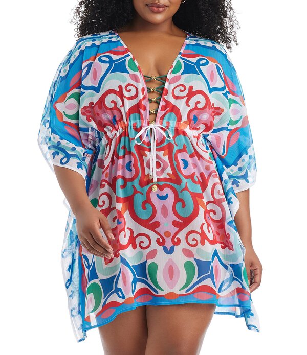 ブルーロッドビーティ レディース トップス ワンピース プラスサイズ Bleu Rod Beattie Plusize Ibiza Bohemia Flutter Sleeves Caftan Swim Cover-Up Multi マルチカラー