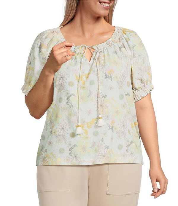 リヴァプール ロサンゼルス レディース トップス シャツ フラワー柄 プラスサイズ フラワー Liverpoolos Angeles Plusize Floral Scoop Neck Short Sleeve Tassel Tie Topristine Multi マルチカラー