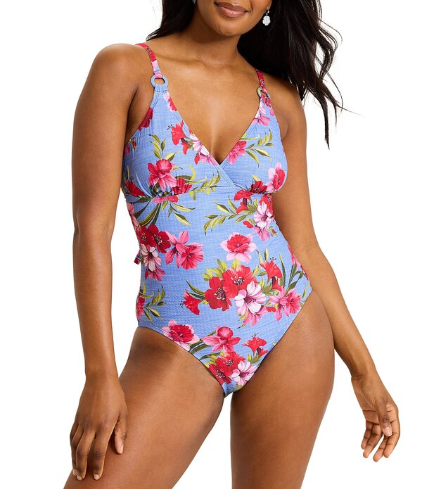 トッミーバハマ レディース トップス ワンピース Vネック フラワー柄 プリント フラワー Tommy Bahama Chambray Beach Floral Print V-Neck Plunge One Piece Swimsuit Blue Monday ブルー｜ReVida 店