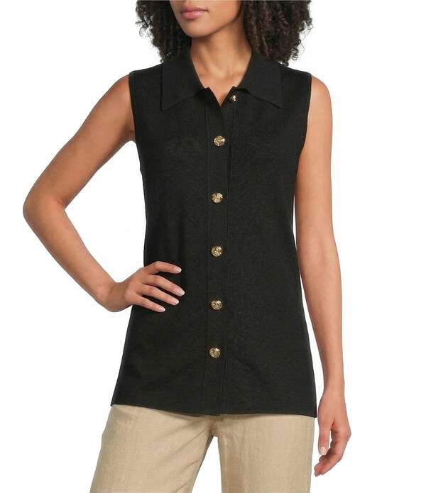 カール ラガーフェルド レディース アウター ニット・セーター クルーネック ノースリーブ KARLAGERFELD PARIS Crew Neck Sleeveless Button-Frontank Top Sweater Black ブラック｜ReVida 店