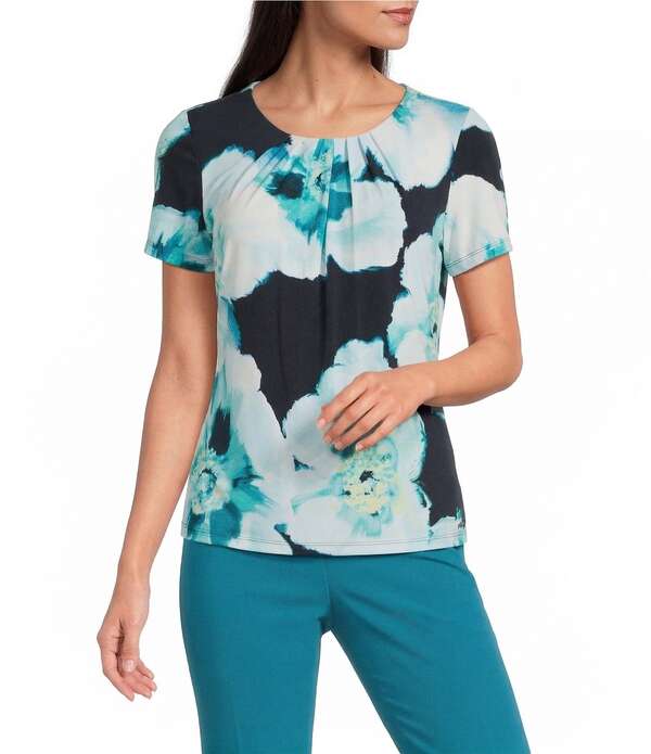 カルバンクライン レディース トップス シャツ クルーネック プリーツ ブラウス ニット ジャージー Calvin Klein Jersey Knit Pleated Crew Neck Short Sleeve Blouse Navy/Sea Spray Multi ネイビー