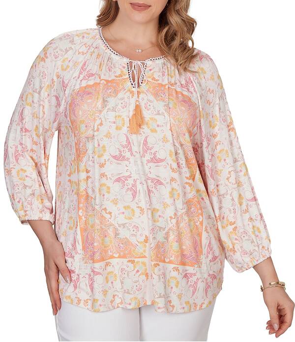 ルビーアールディー レディース トップス シャツ Vネック プラスサイズ プリント 刺繍 ブラウス Ruby Rd. Plusize Bohemian Embroidered Split V-Neck 3/4 Sleeve Tapestry Printassel Tie Blouse Light Rose Multi マルチカラー