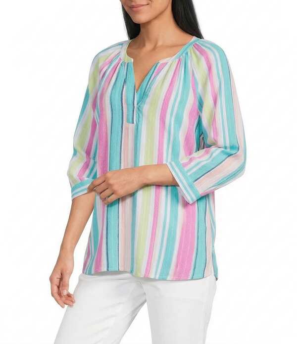 アリソン デイリー レディース トップス シャツ プチ プリント ブラウス Allison Daley Petite Size Multi Stripe Print 3/4 Sleeve Y-Neck Blouse Multi Stripe Play マルチカラー