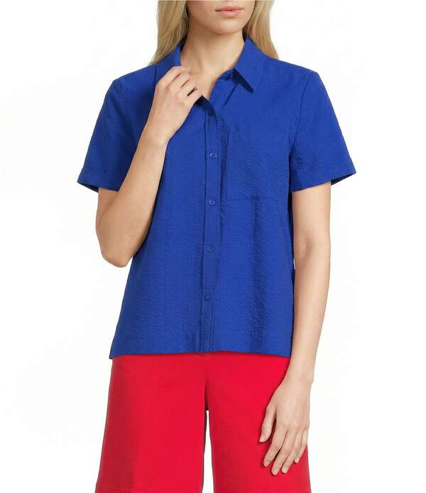 ウエストバウンド レディース トップス シャツ Westbound Button Front Y-Neck Short Sleeve Camp Top True Blue ブルー