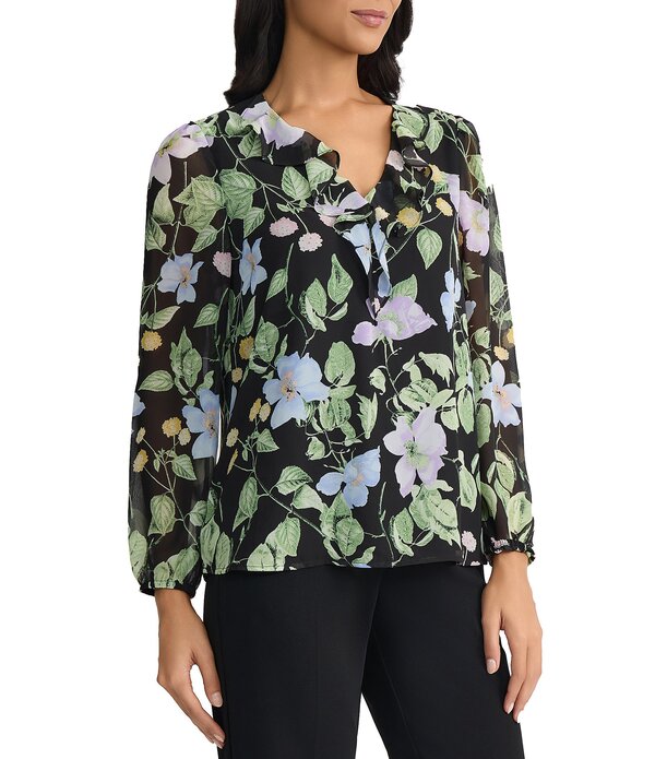 カスパール レディース トップス シャツ Vネック シフォン フラワー柄 プリント フリル フラワー Kasperuffle V-Neck Floral Print Chiffon Long Sleeve Top Black Multi ブラック