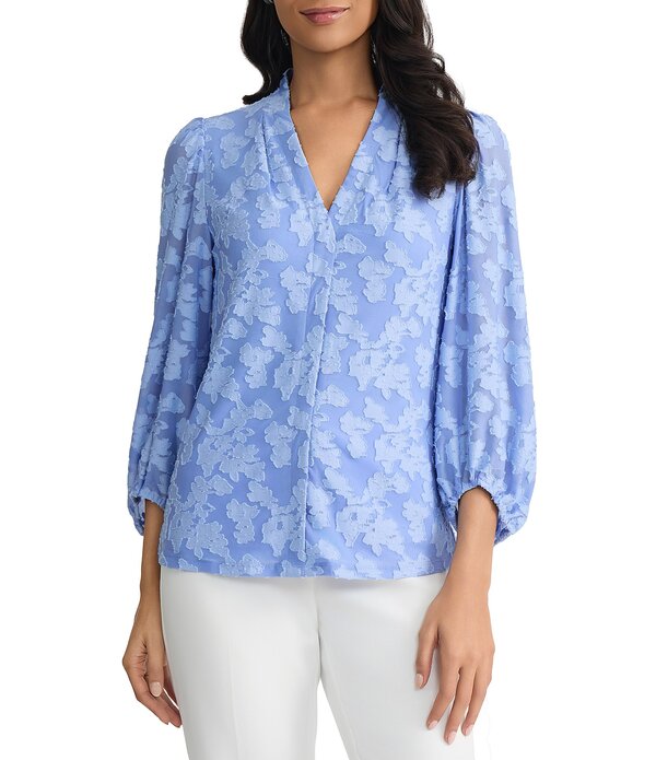 カスパール レディース トップス シャツ Vネック フラワー柄 ブラウス フラワー Kasper V-Neck Blouson Sleeve Floral Burnout Blouse Paris Bleu