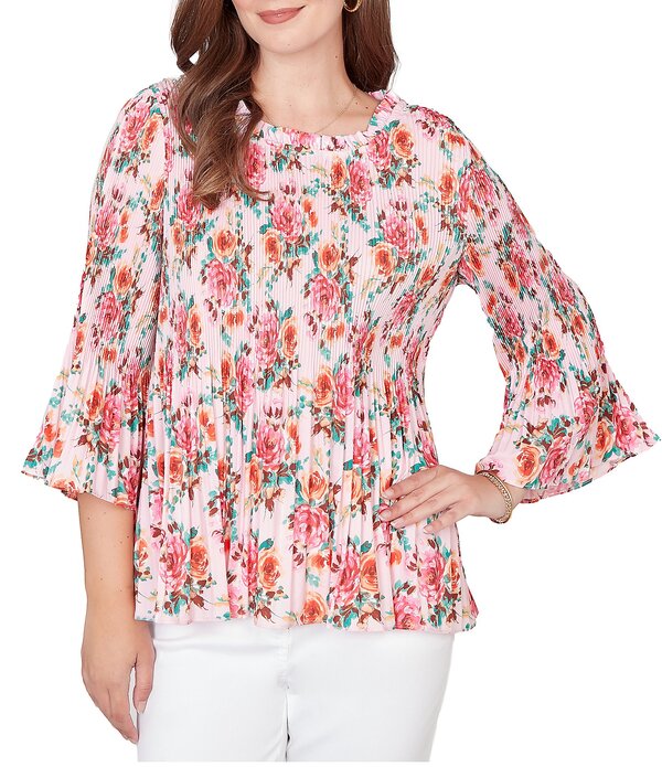 ルビーアールディー レディース トップス シャツ フラワー柄 プリーツ フリル フラワー Ruby Rd. Ruffle Scoop Neck 3/4 Bell Sleeve Floral Pleated Top Light Rose Multi マルチカラー