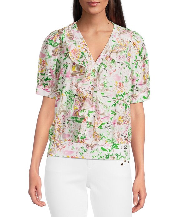 カール ラガーフェルド レディース トップス シャツ Vネック プリント コットン KARLAGERFELD PARIS Cotton Voile Printed V-Neck Short Sleeve Top Soft White/Pink ホワイト｜ReVida 店