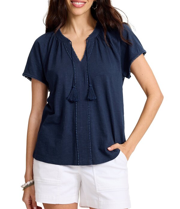 トッミーバハマ レディース トップス シャツ Vネック Tommy Bahama Pom Trim V-Neck Short Sleeve Top Coastline
