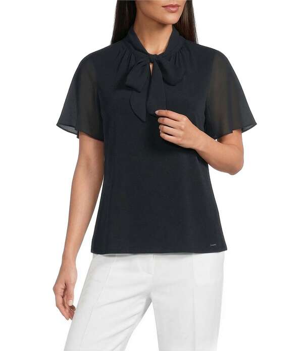 カルバンクライン レディース トップス シャツ Calvin Klein Mixed Media Tie Neck Short Sleeve Top Navy ネイビー