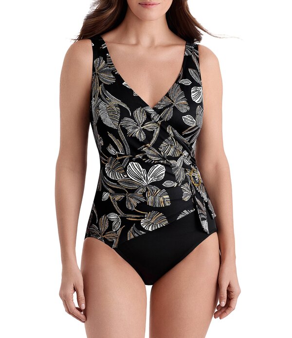 ロンギチュード レディース トップス 衣装 Longitude Gilded Garden Long Torso Buckle Shirred Surplice One-Piece Swimsuit Black/Gold 黒いこと レディースファッション-ワンピース