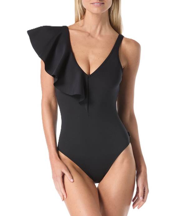 ヴィンスカムート レディース トップス ワンピース Vネック フリル スキューバ Vince Camuto Scuba V-Neck One-Ruffle Shoulder Full Coverage One-Piece Swimsuit Black ブラック