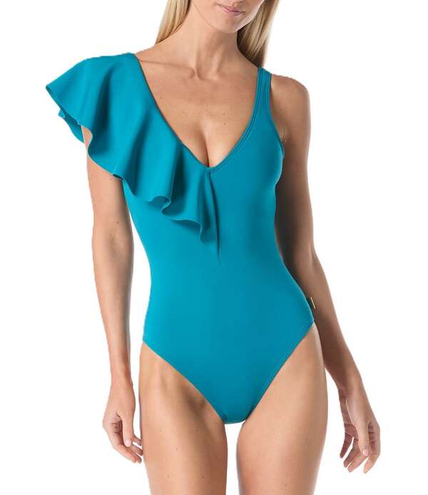 ヴィンスカムート レディース トップス ワンピース Vネック フリル スキューバ Vince Camuto Scuba V-Neck One-Ruffle Shoulder Full Coverage One-Piece Swimsuit Zenith