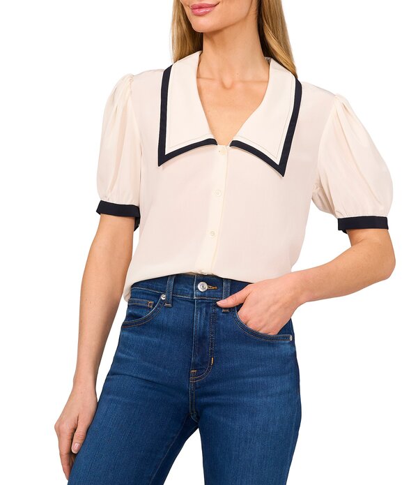 セセ レディース トップス シャツ コントラスト ニット CeCe Knit Point Collar Short Puff Sleeve Contrastrim Top Eggnog 16,316円