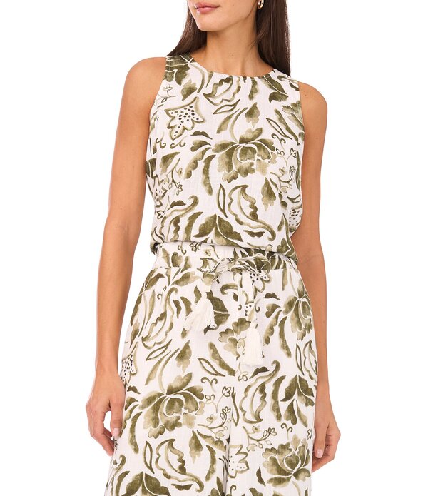 ヴィンスカムート レディース トップス シャツ フラワー柄 プリント ノースリーブ フラワー Vince Camuto Woven Floral Print Round Neck Sleeveless Coordinating Tank Olive Mist オリーブ