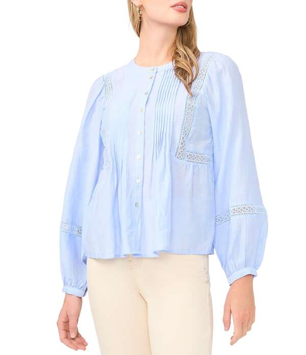 ヴィンスカムート レディース トップス シャツ プリーツ ブラウス Vince Camuto Round Neck Long Sleeve Pleated Blouse Coolavender ラベンダー｜ReVida 店