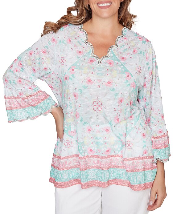 ルビーアールディー レディース トップス シャツ Vネック プラスサイズ プリント Ruby Rd. Plusize Tapestry Print Scalloped V-Neck 3/4 Sleeve Top Sea Glass Multi マルチカラー