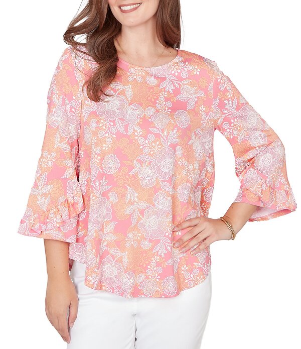 ルビーアールディー レディース トップス シャツ フラワー柄 フリル フラワー Ruby Rd. Floral Scoop Neck 3/4 Ruffle Trim Sleeve Top Cotton Candy Multi マルチカラー