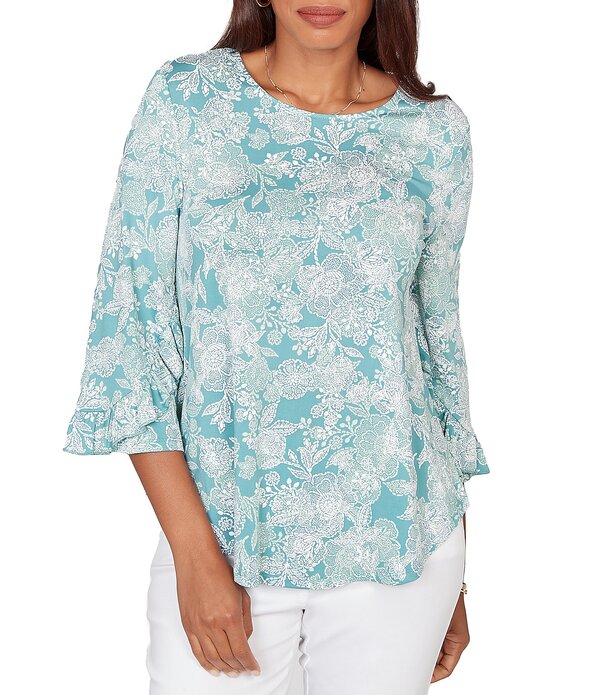 ルビーアールディー レディース トップス シャツ フラワー柄 フリル フラワー Ruby Rd. Floral Scoop Neck 3/4 Ruffle Trim Sleeve Topacific Multi マルチカラー