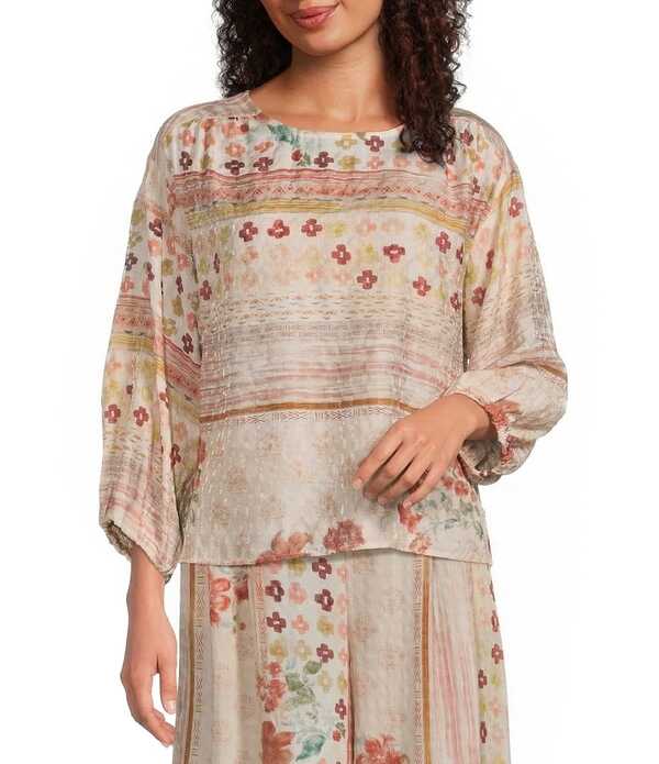 メロデイ レディース トップス シャツ MELLODAY Coordinating Round Neck 3/4 Sleeve Top Blush Multi ブラッシュ