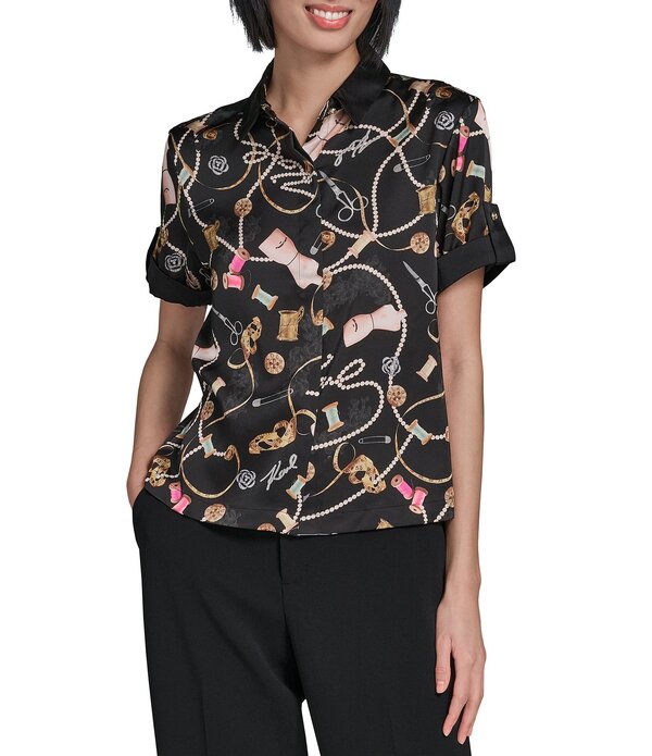 カール ラガーフェルド レディース トップス シャツ クレープ サテン KARLAGERFELD PARISatin Crepe Point Collar Short Sleeve Camp Shirt Black Combo ブラック